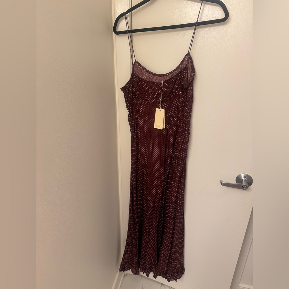 NWT! Doen Rosaria gathered polka-dot silk-blend midi dress - L - Picture 5 of 11